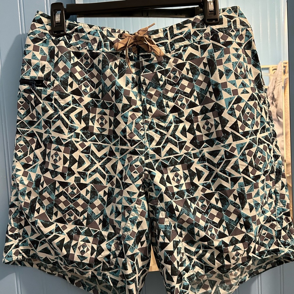 Patagonia Blue, Black & White Geometric Swim/Board Shorts